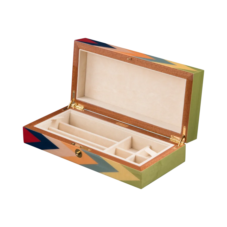 Zag jewelry box, multicolour zigzag marquetry - medium, pen and cufflinks tray