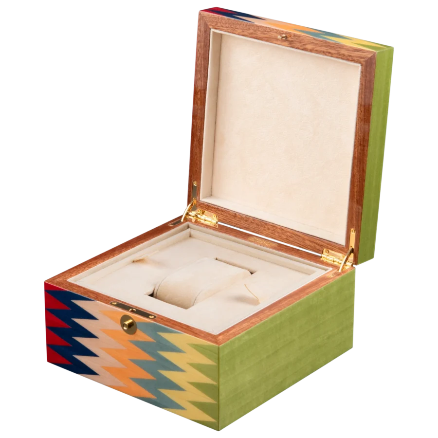 Zag jewelry box, multicolour zigzag marquetry - small, watch tray