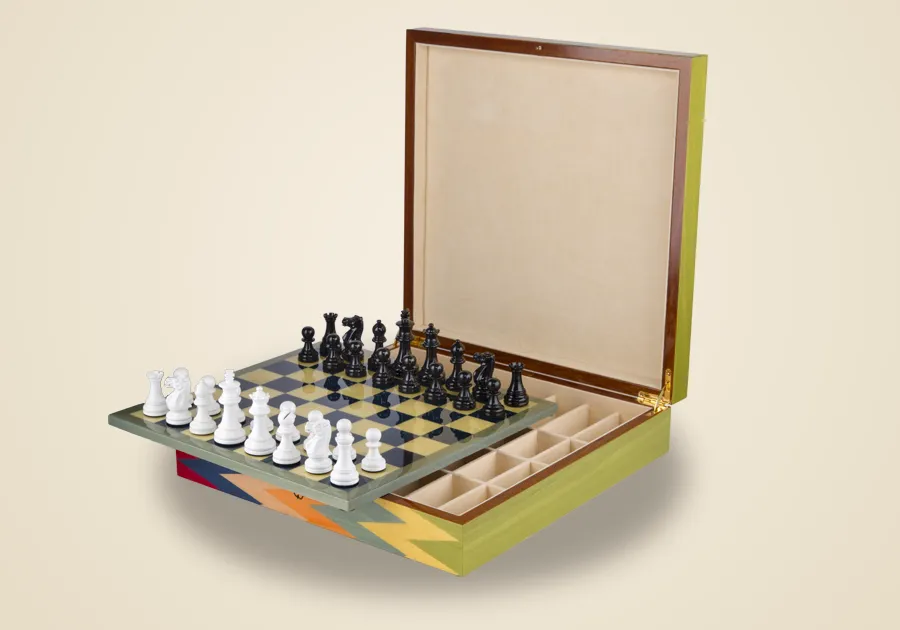 Inlaid chess board in an open case, made in the Ercolano workshop in Sorrento